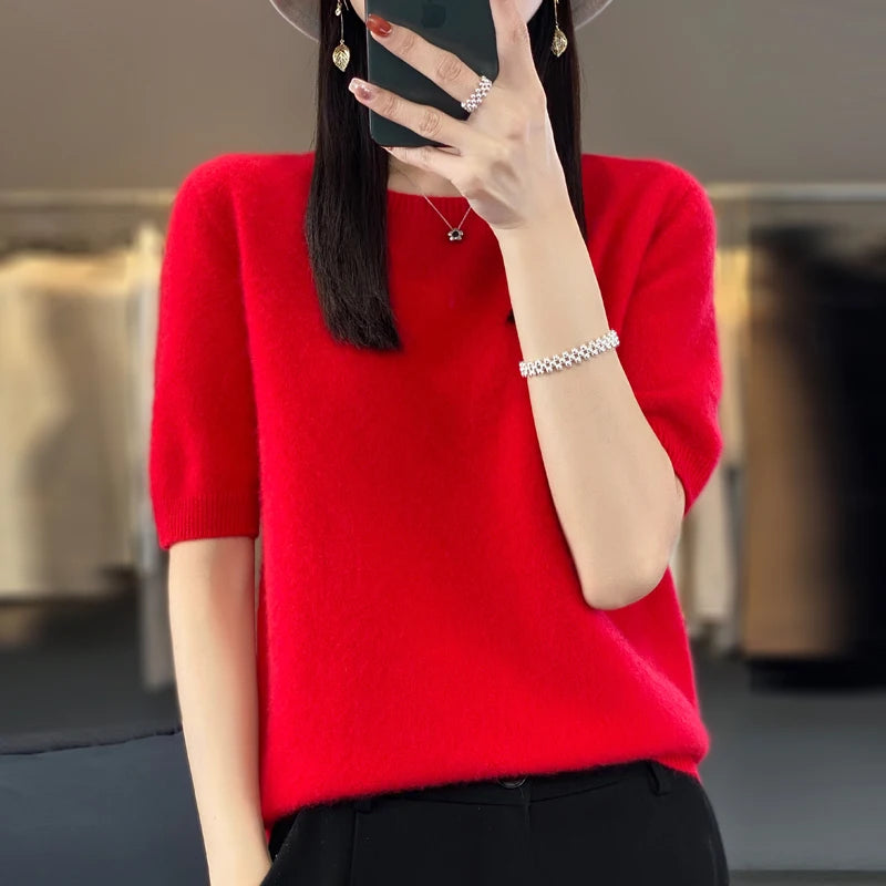 First-line ready-to-wear 100% Merino wool knitted short-sleeved women's loose solid color slim commuter five-point cuff T-shirt
