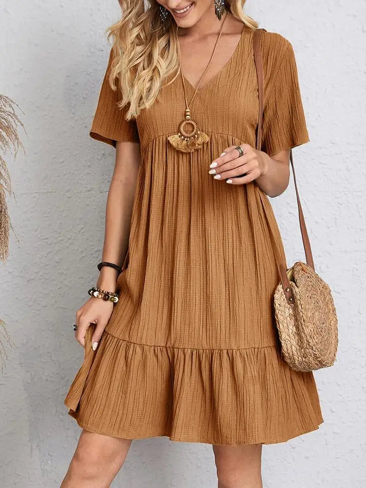 Elegant Solid V Neck A Line Dress New Summer Ruffles Loose Mini Dress Casual Short Sleeve Beach Party Vestidos Streetwear