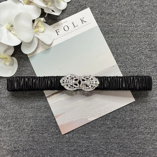 Rhinestone silver buckle sheepskin elastic waistband, elastic diamond buckle waistband, pure white leather soft belt