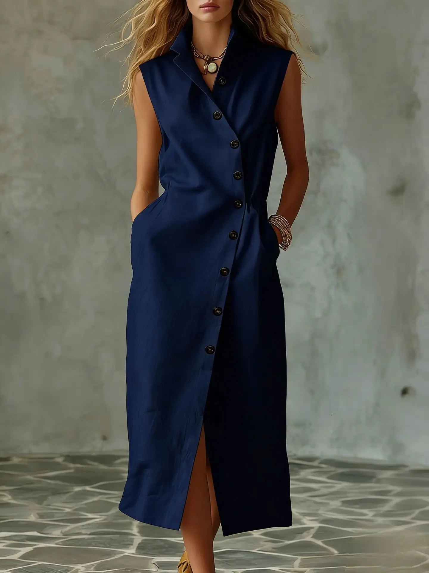 Women New Elegant Sundress Summer Single-breasted V Neck Sleeveless Long Dress Fashion Holiday Party Vestido Femme Casual Dress