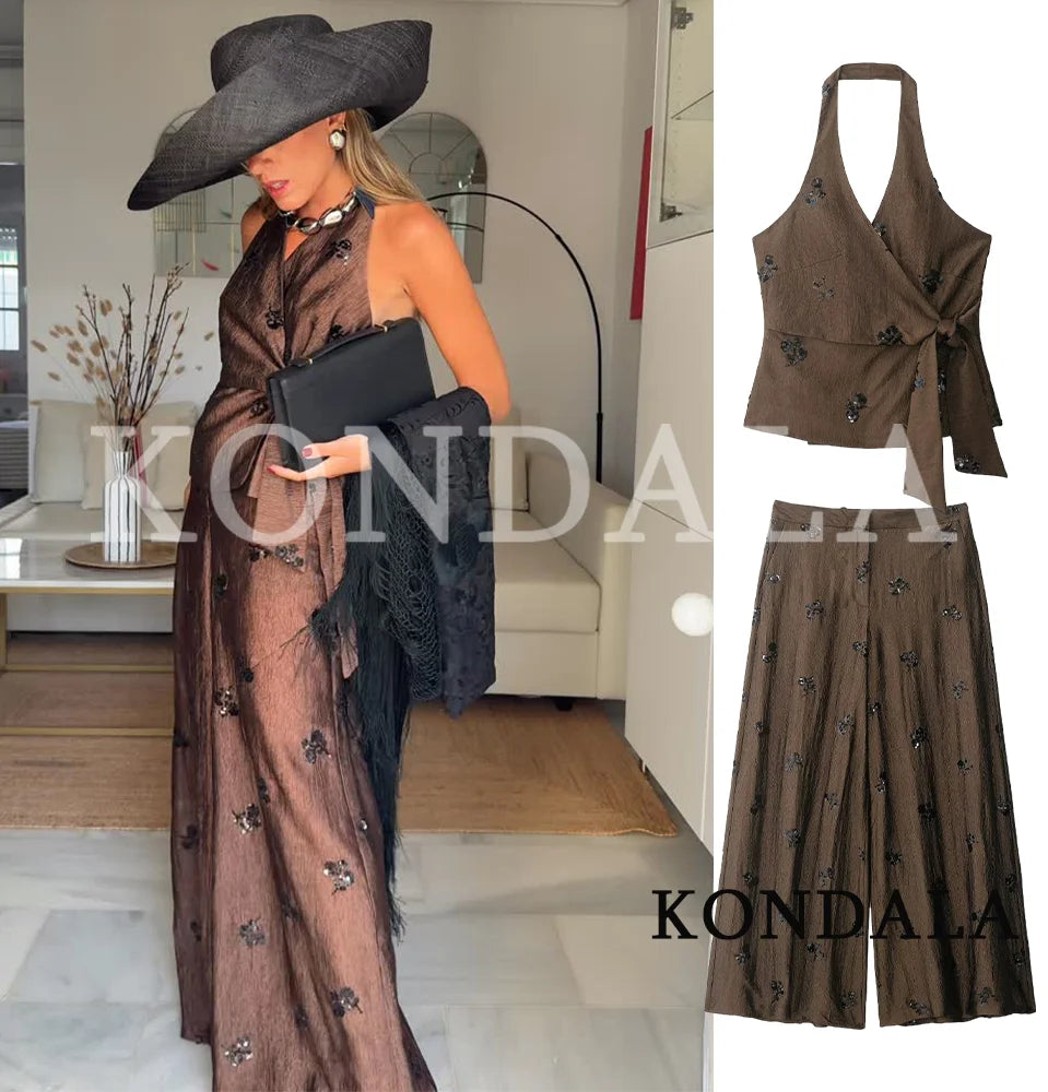 Women Elegant Bead Embroidered Pants Set KONDALA 2026 Summer Trendy Halter Vest,Wide-Leg Pants Lady High Street Holiday Pant Set