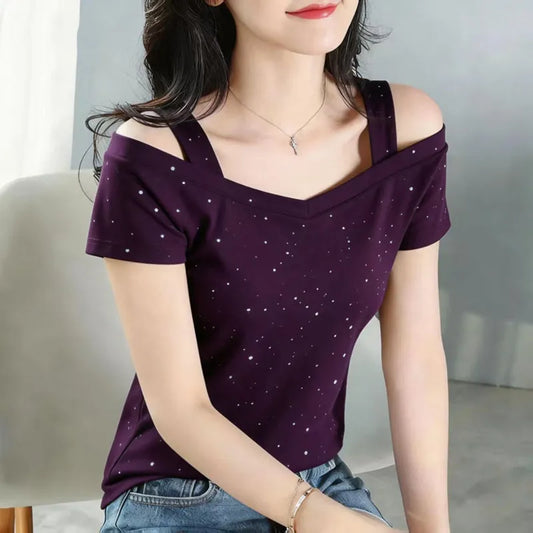Womens Purple Cold Shoulder T-Shirt V Neck Double Strap Sparkle Dot Print Short Sleeve Slim Fit Casual Summer Top for Daily Wear