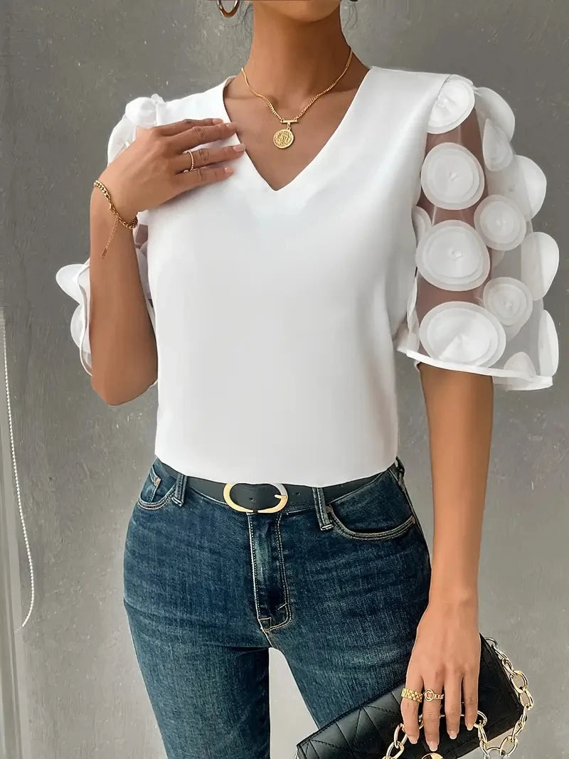 Women V Neck Blouse With Sheer Puff Sleeves And 3D Circle Appliques Casual Elegant Party Top
