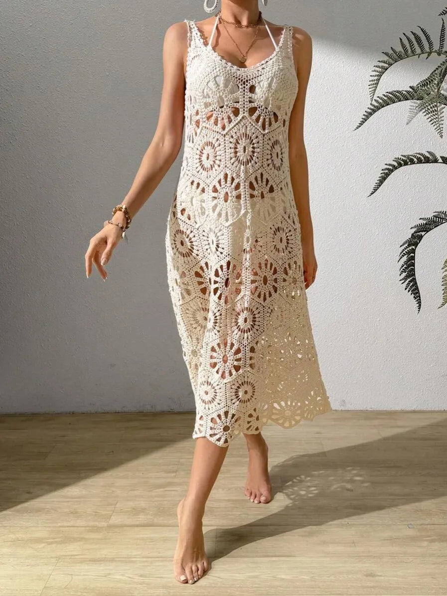 3D Flower Knitted Sling Long Dress Women Sexy Deep V-neck Backless Sleeveless Lace Up Femme Robes 2026 Summer Beach Dresses