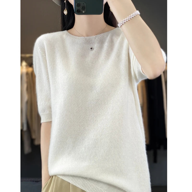 First-line ready-to-wear 100% Merino wool knitted short-sleeved women's loose solid color slim commuter five-point cuff T-shirt