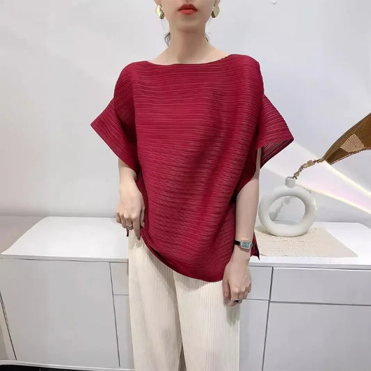 Summer T-shirt Miyake Comfortable Casual Loose Pleated Top Women Short Sleeve Slim Commuter Office Clothes Wrinkle-Free