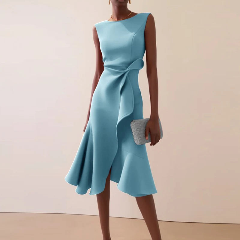 Vestidos Women Elegant O Neck Solid Commute Dress Spring Knot Slim Ruffle Irregular Dress Summer Sleeveless A-Line Party Dresses