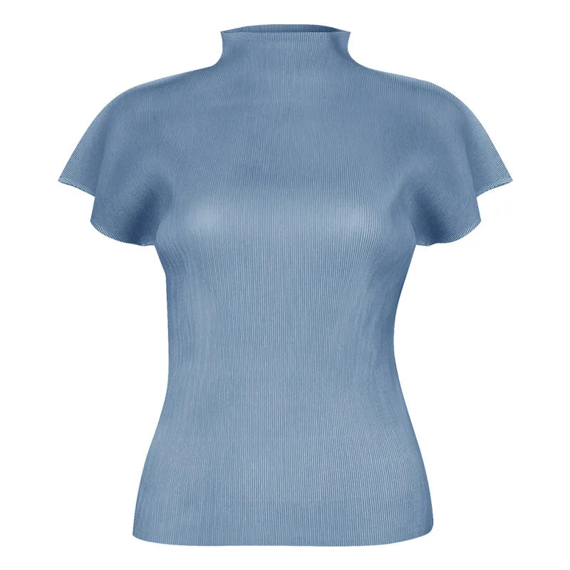 Miyake Summer New Minimalist Semi High Neck Slim Fit T-shirt  Versatile Small Top Women's Vest Clothing Feminist