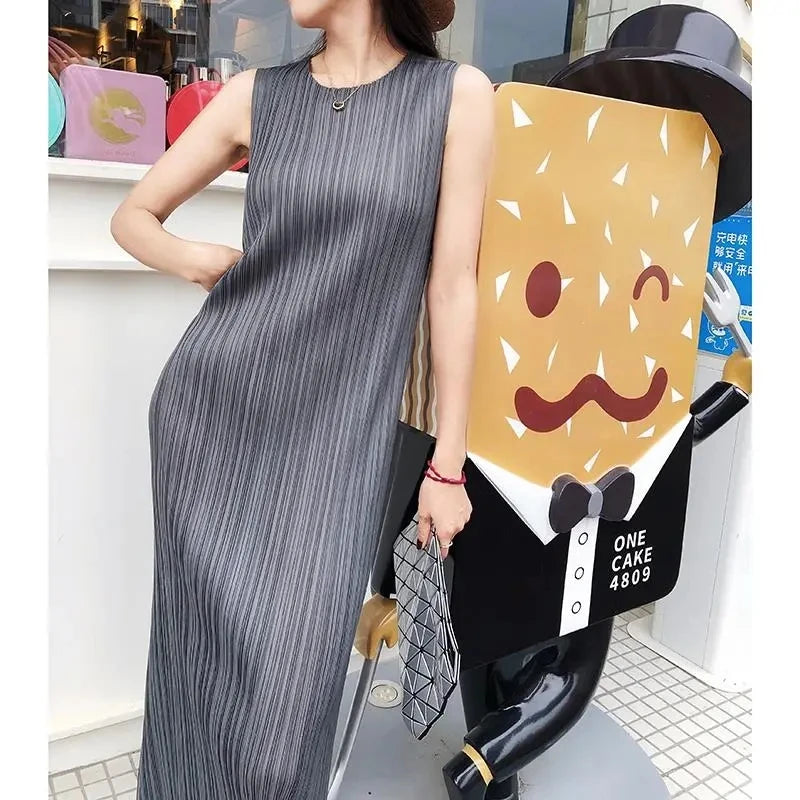 Miyake Pleated Dress Spring Summer Fashion Women Sleeveless Vest Dress High  Elastic Slim Long Vestidos Female Strap Dresses