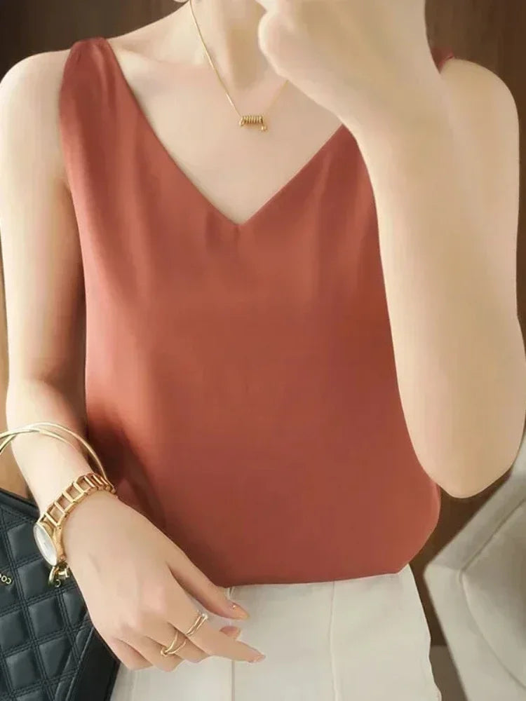 V-Neck Silk Vest Women's Summer Sleeveless Blouse With Acetic Acid Satin Top Sleeveless Bottoming Shirt