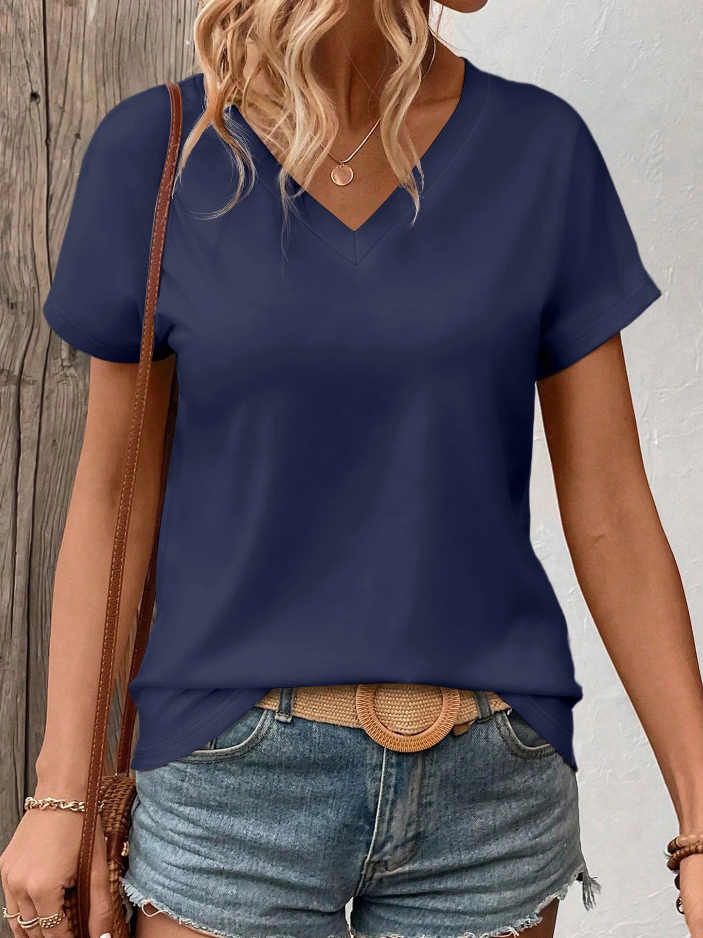 Women's Solid Color V-Neck T-Shirt - Oversized Short-Sleeve, Curved Hem, Soft Fabric, Available in Black, Gray & Navy