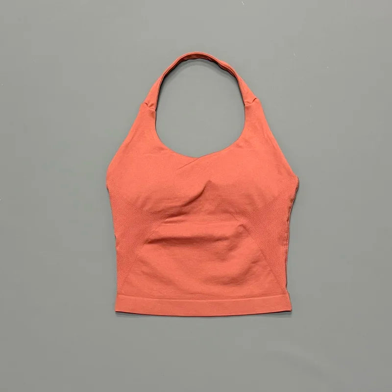 HISTELLO Impact Halter Top Seamless Longline Strappy Gym Tank Top Women Yoga Clothing Workout Fitness Sportswear Pilates Vest