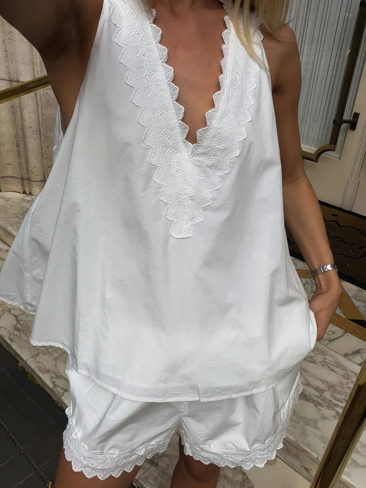 Elegant Lace Patchwork V Neck Vests High Waist Shorts Fashion Cotton and Linen Shorts Set for Women 2026 Summer Chic 2 Pcs Suit