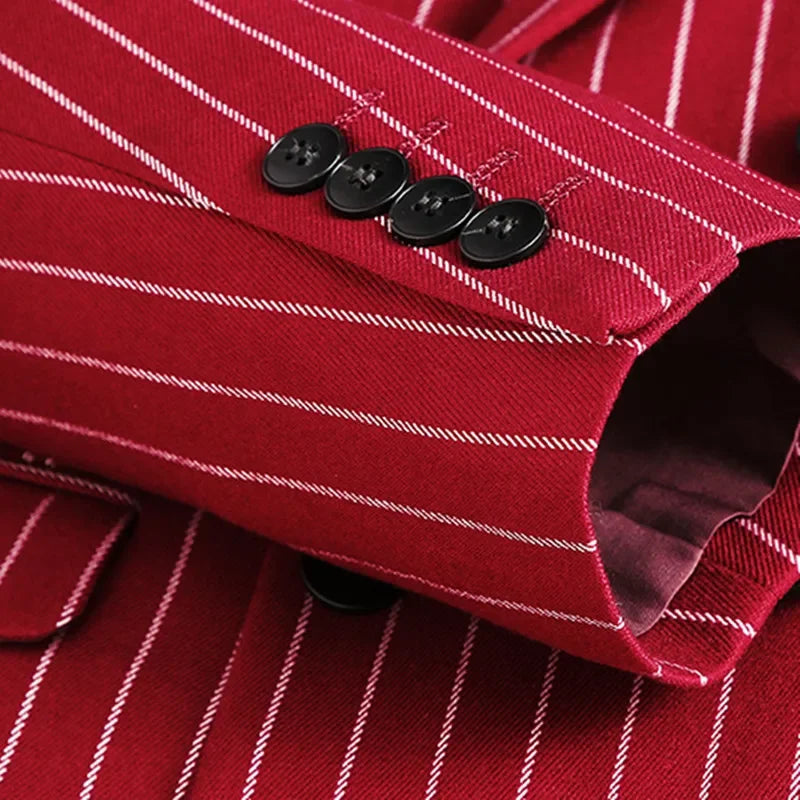 Fashion Men Double Breasted Striped Suit 2 Piece Black / Wine Red Party Blazers and Trousers