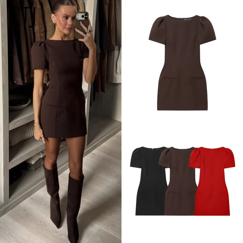 ETJ women's new products are elegant and stylish Short dress with a boat neck and short sleeves with pleats  black dress
