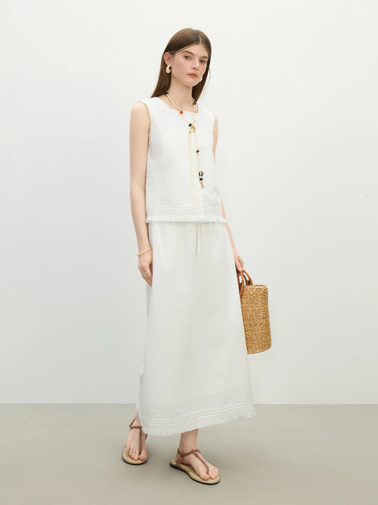 FSLE MInimalism Style Sleeveless Elegant Temperament Top Skirt Set For Women Summer New Holiday Tassel Skirt