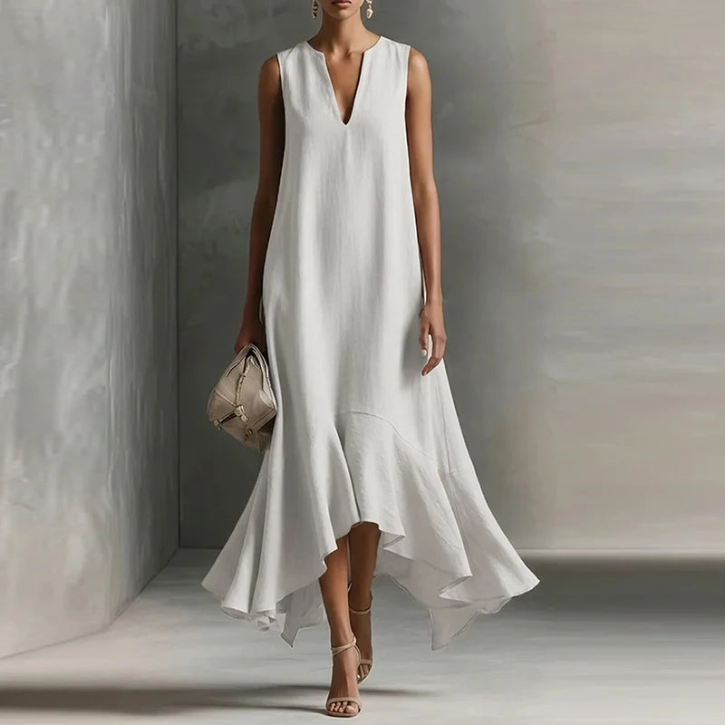 Fashion Women Sleeveless V Neck Long Dress Ruffle Hem Irregular Sundress Summer Casual Loose Beach Holiday Dress Boho