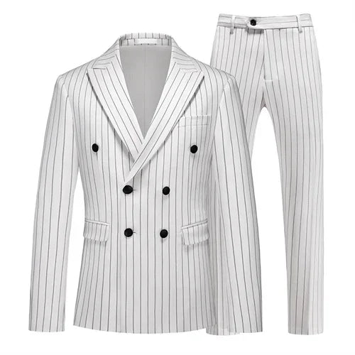 Fashion Men Double Breasted Striped Suit 2 Piece Black / Wine Red Party Blazers and Trousers