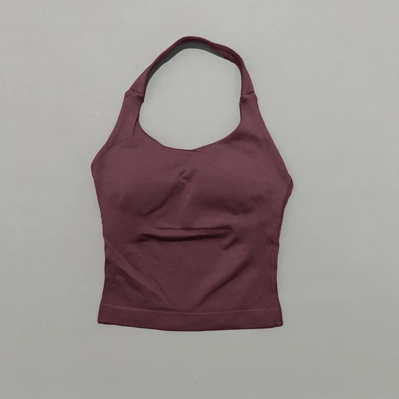 HISTELLO Impact Halter Top Seamless Longline Strappy Gym Tank Top Women Yoga Clothing Workout Fitness Sportswear Pilates Vest
