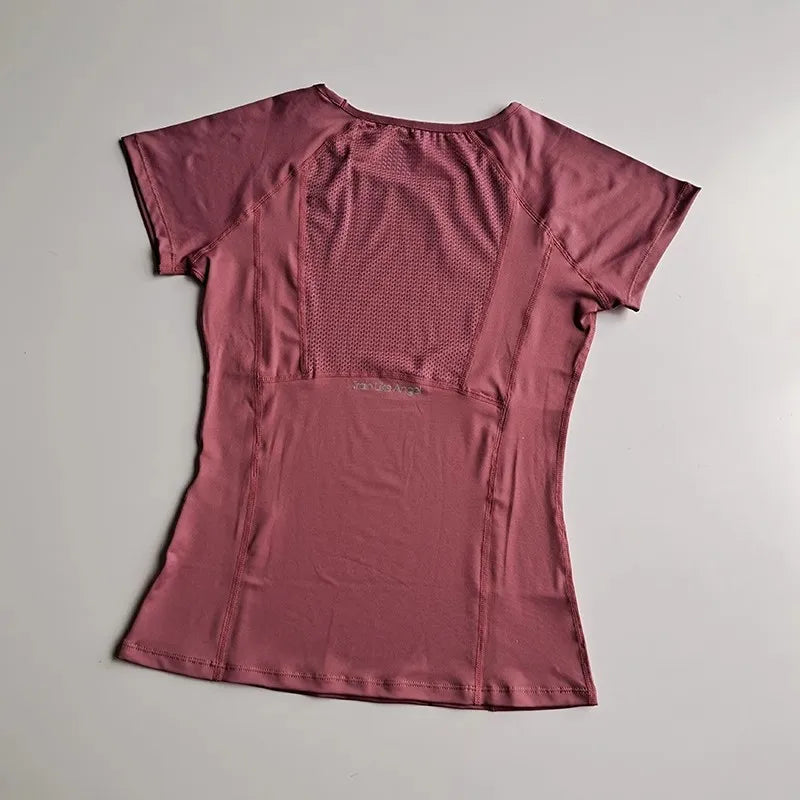 Women's sports and fitness short sleeved shirt, round neck pullover, mesh breathable quick drying yoga and fitness T-shirt