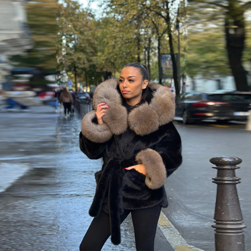 Women's Chic Luxury Faux Fur Oversize Coat Autumn Winter Simple Plush Soft Thick Warm Jacket New Versatile Cinched Waist Clothes
