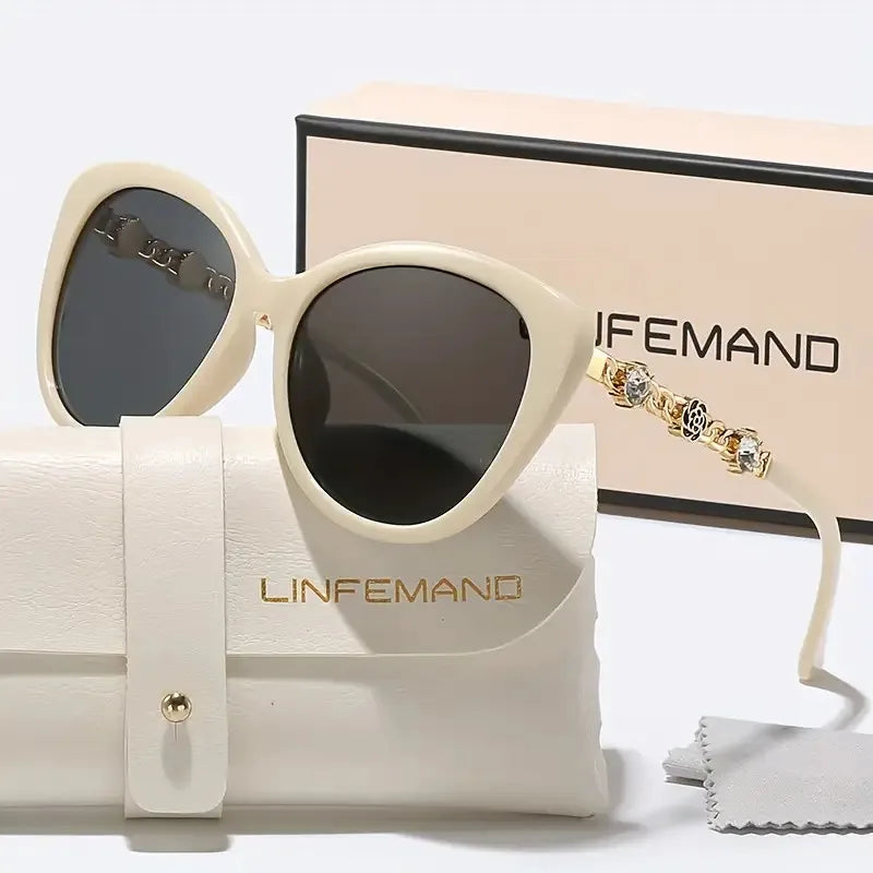 LINFEMAND Cat's Eye Unique Flower Water Diamond Decorative Sunglasses UV400 Women's Party Dinner Trendy Accessories Holiday Gift