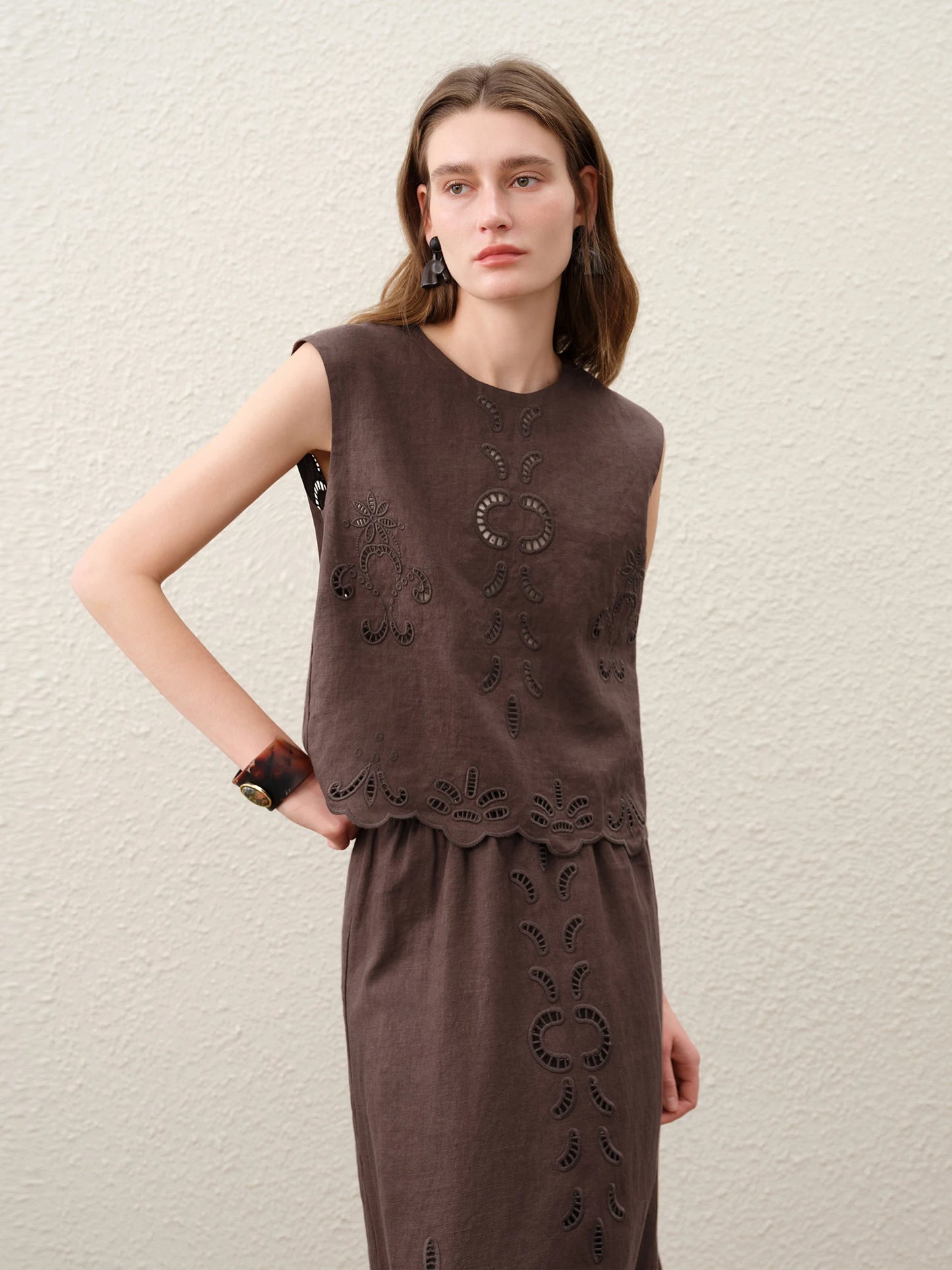 FSLE【Premium Series】Summer Women Linen Two Piece Set Cut-Out Embroidered Sleeveless Top Midi Skirt Boho Beach Vacation Style