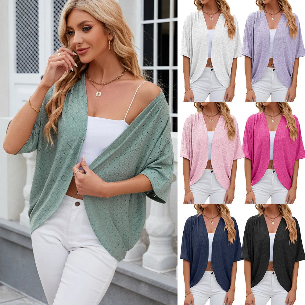 2026 New spring Summer Fashion Ladies Hollow Out Cardigan solid color circle short-sleeved casual loose top Women Outwear