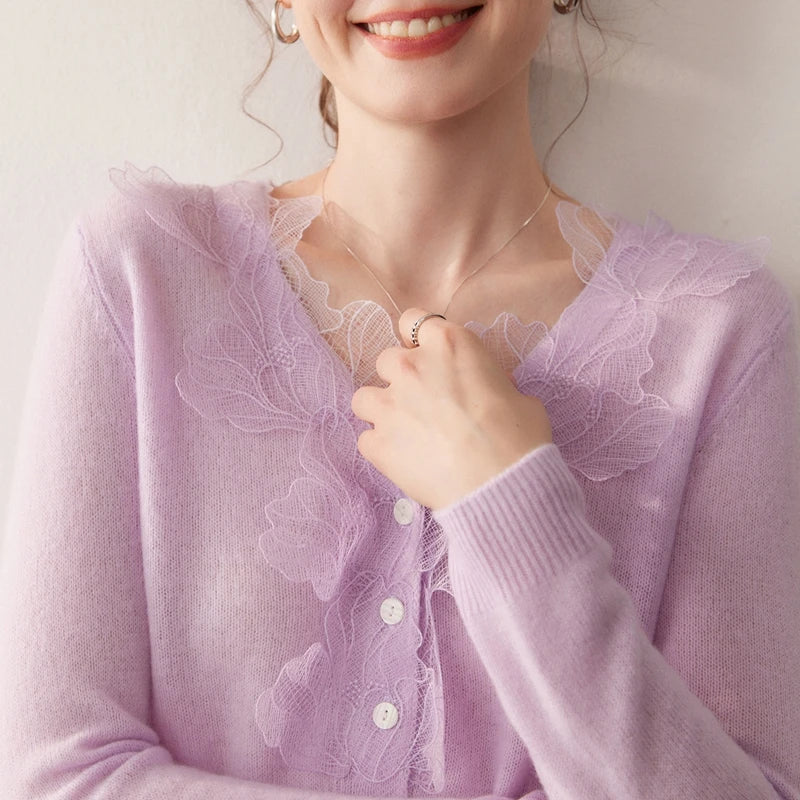 Luxury Women's 100% Cashmere Sweater Cardigans V-neck Knit Tops Autumn Winter Casual Leaf pattern lace cardigan Soft Knitwear