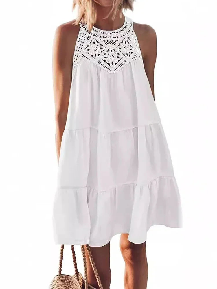 Women Summer Beach Mini Dresses Halter Sleeveless Sexy Loose A-Line Hollow Out Lace White Bohemia Dress Pleated Solid Sundress