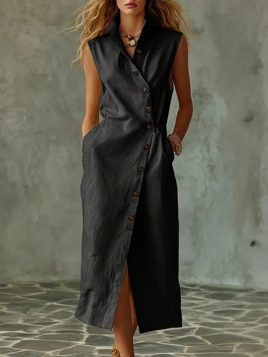 Women New Elegant Sundress Summer Single-breasted V Neck Sleeveless Long Dress Fashion Holiday Party Vestido Femme Casual Dress