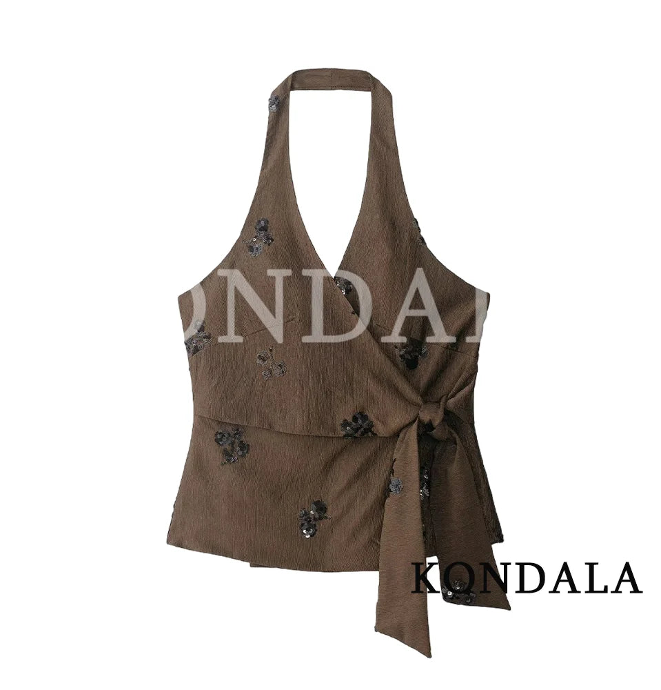 Women Elegant Bead Embroidered Pants Set KONDALA 2026 Summer Trendy Halter Vest,Wide-Leg Pants Lady High Street Holiday Pant Set