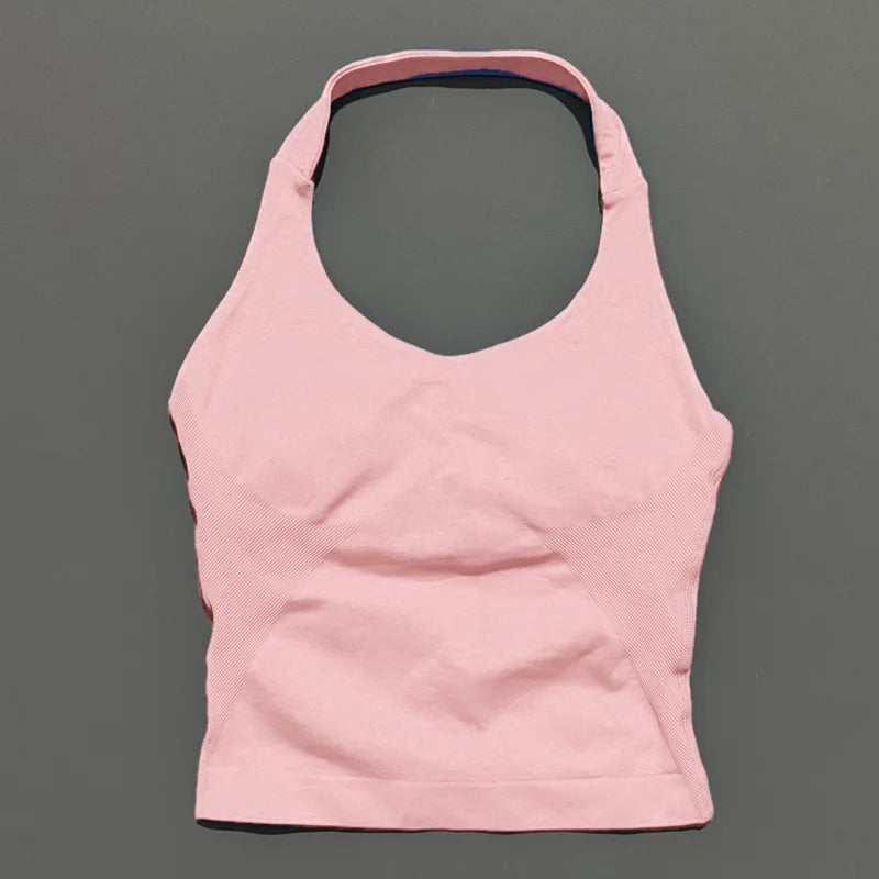 HISTELLO Impact Halter Top Seamless Longline Strappy Gym Tank Top Women Yoga Clothing Workout Fitness Sportswear Pilates Vest