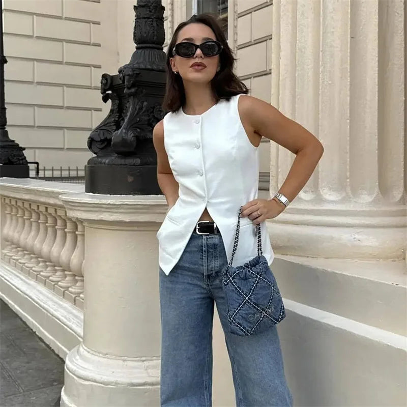 MUJER White Sleeveless Vest Women Button Summer Vests for Women Jacket Pink Vest Top Women Streetwear Women's Tailored Vest