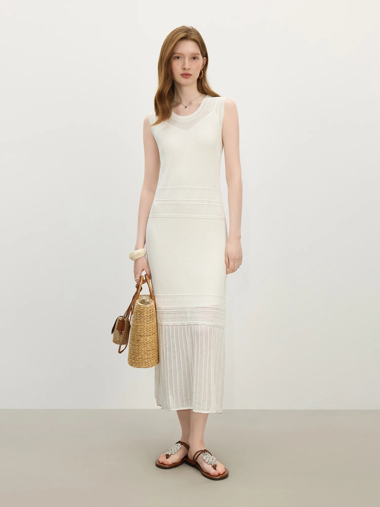 FSLE Elegant Style Holiday Season Hollow Sleeveless Knitted Dress Women Summer New Arrival Suspender Dress 25FS12668