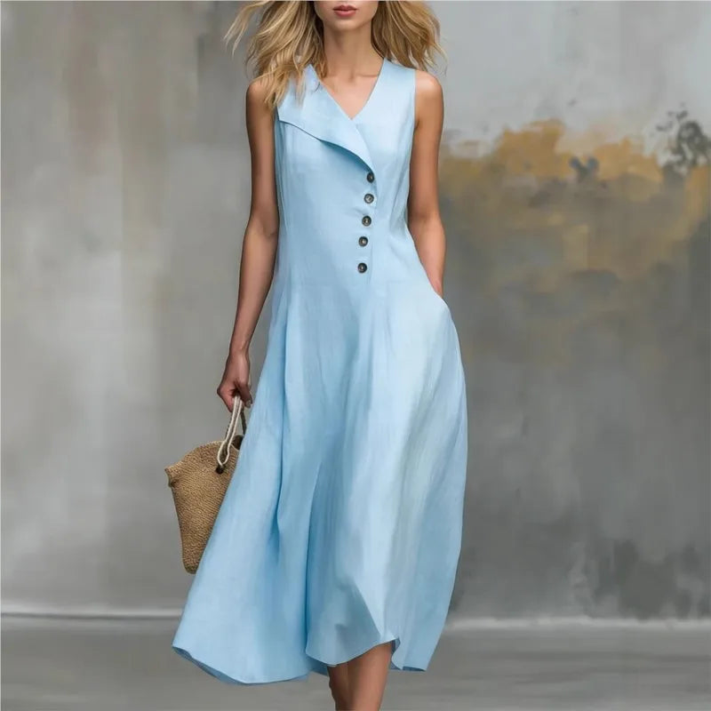 Women's Solid Color Lapel Buttons Maxi Dresses Summer With Pockets Sleeveless A-line Sundress Casual Loose Holiday Party Dress