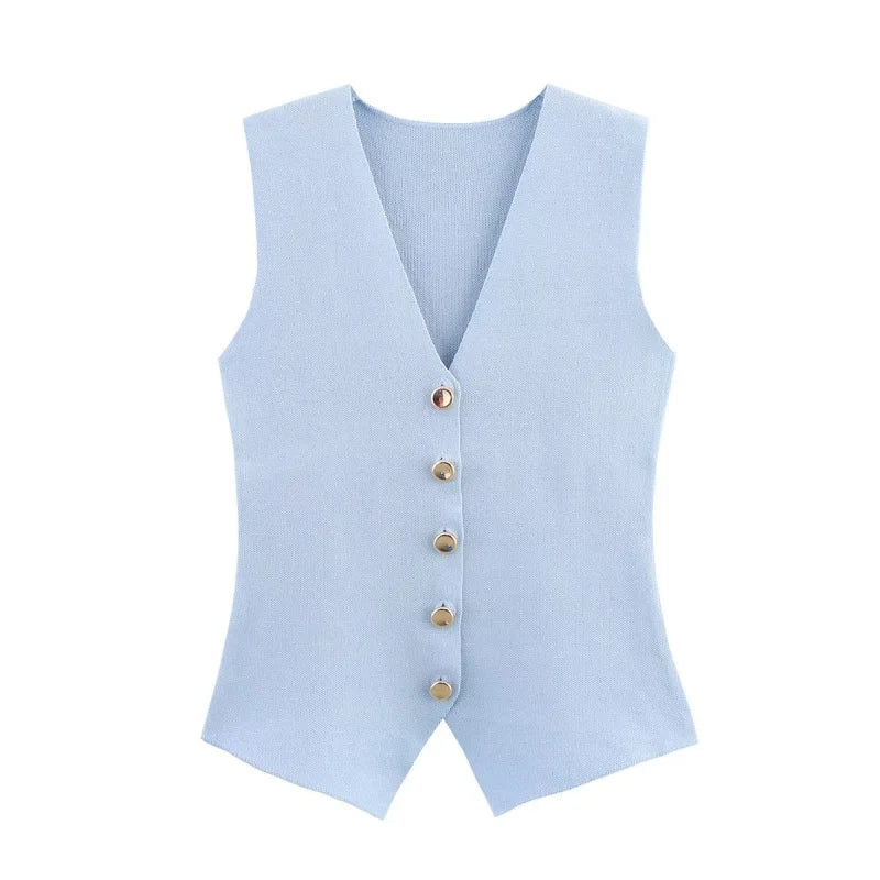 ETJ new women's elegant fashion all-match V-neck sleeveless vest jacket knitted waistcoat