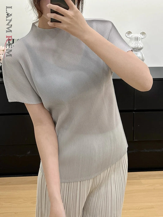 LANMREM Pleated Women's T-shirt New Fashion Simple Elastic Loose Stand Collar Short Sleeve Pullover Top Chic Tee 2DB3606