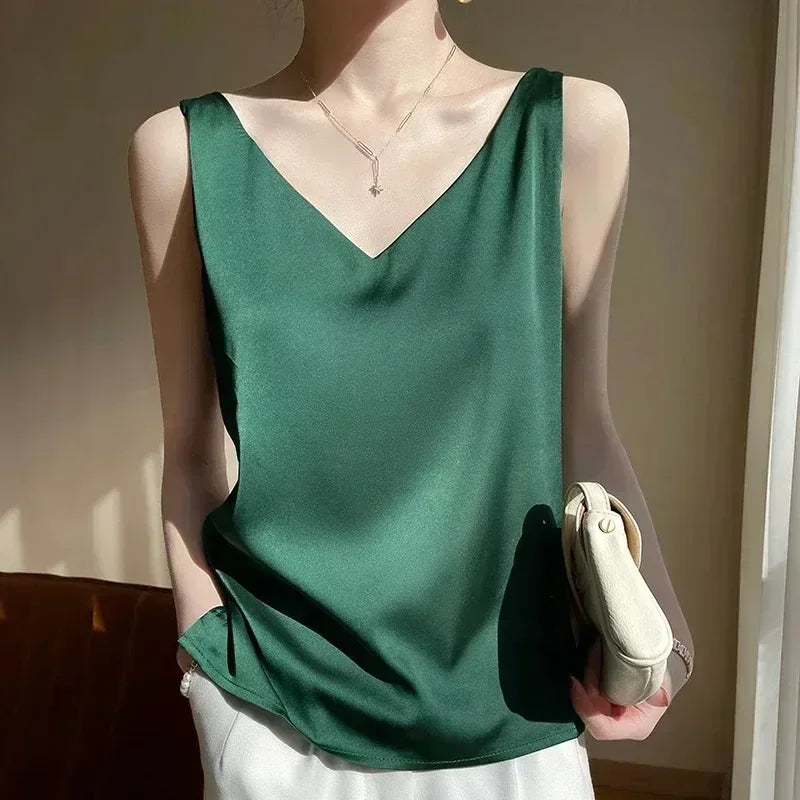 V-Neck Silk Vest Women's Summer Sleeveless Blouse With Acetic Acid Satin Top Sleeveless Bottoming Shirt