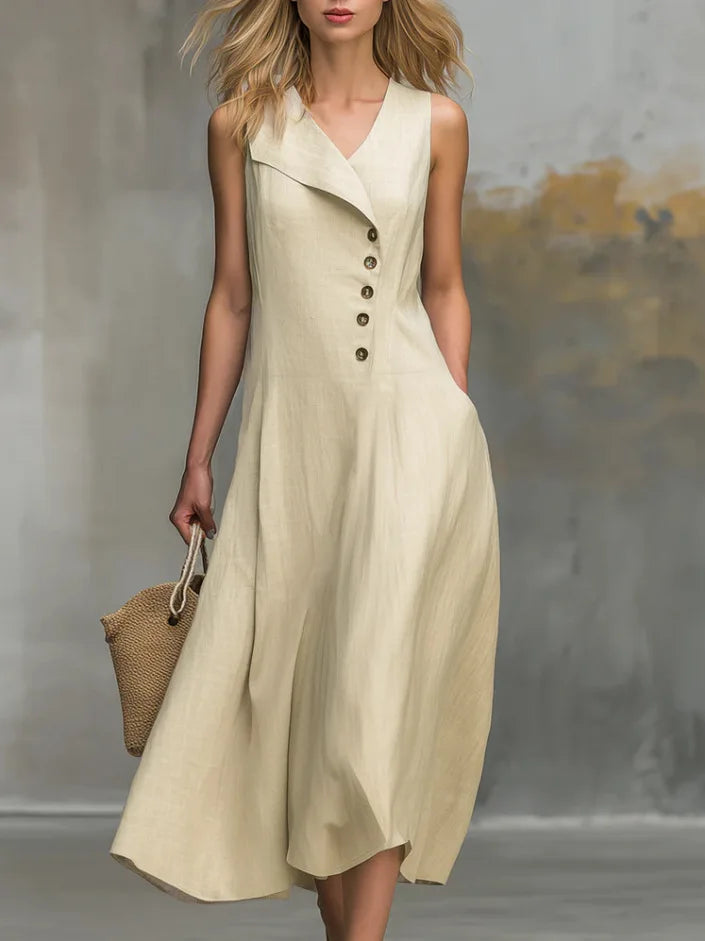 Women's Solid Color Lapel Buttons Maxi Dresses Summer With Pockets Sleeveless A-line Sundress Casual Loose Holiday Party Dress