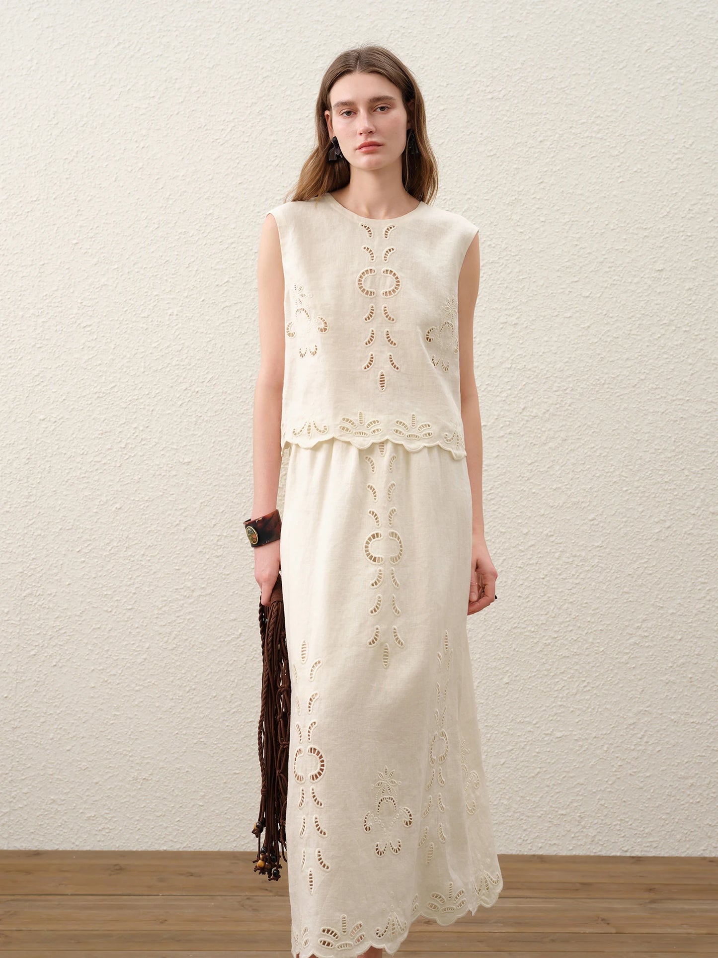 FSLE【Premium Series】Summer Women Linen Two Piece Set Cut-Out Embroidered Sleeveless Top Midi Skirt Boho Beach Vacation Style