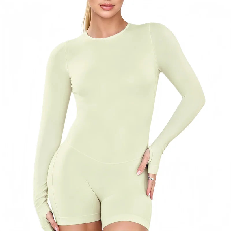HISTELLO Sport Long Sleeve One Piece Women Hollow Back Yoga Bodycon Slim Fit Soft Stretch Fitness Running Gym Sports Jumpsuit