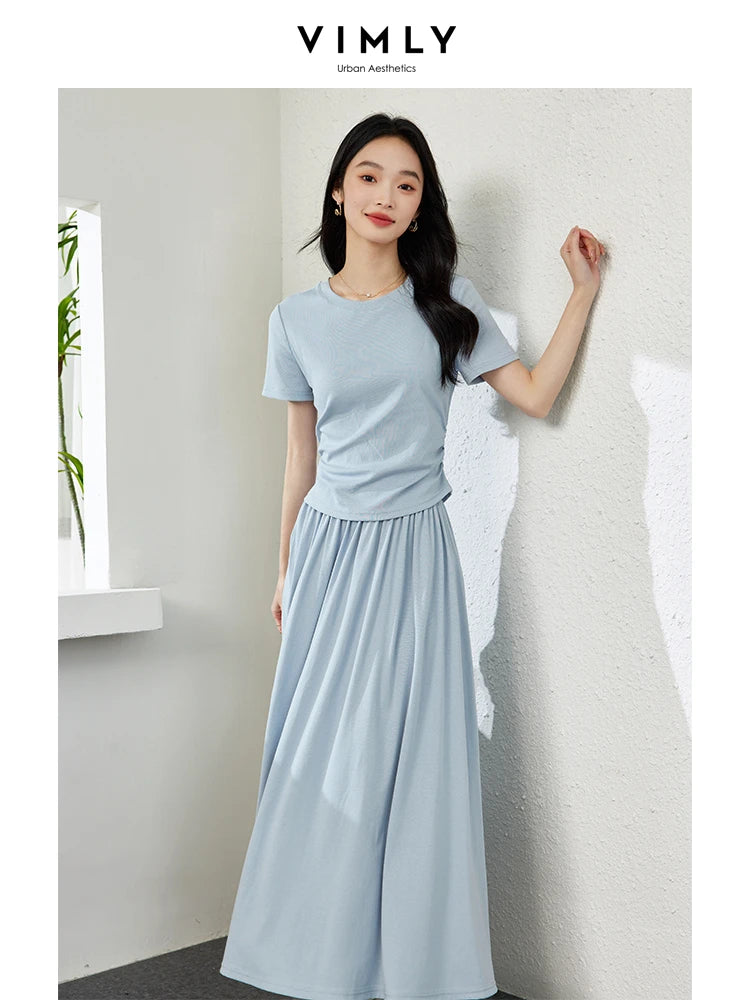 VIMLY Summer Sporty Casual Set Soft Air Cotton Short Sleeve Top Elastic Waist Loose Skirt Two Piece Solid Women Set Skirt M7669