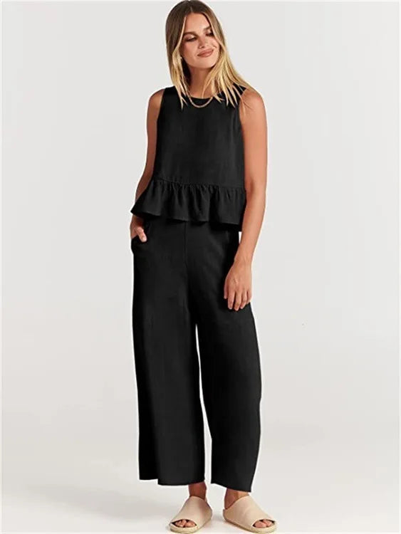 Women's New Summer Suit Solid Color Casual Sleeveless Pleated Round Neck Vest Button Wide Leg Nine-point Pants Two-piece Set