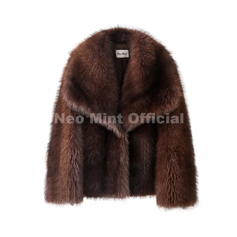 Neo Mint 2025 Winter Exclusive Striped Faux Fur Jacket Women Overcoat Brand Blogger Fashion Fluffy Fox Fur Collar Coat Outerwear