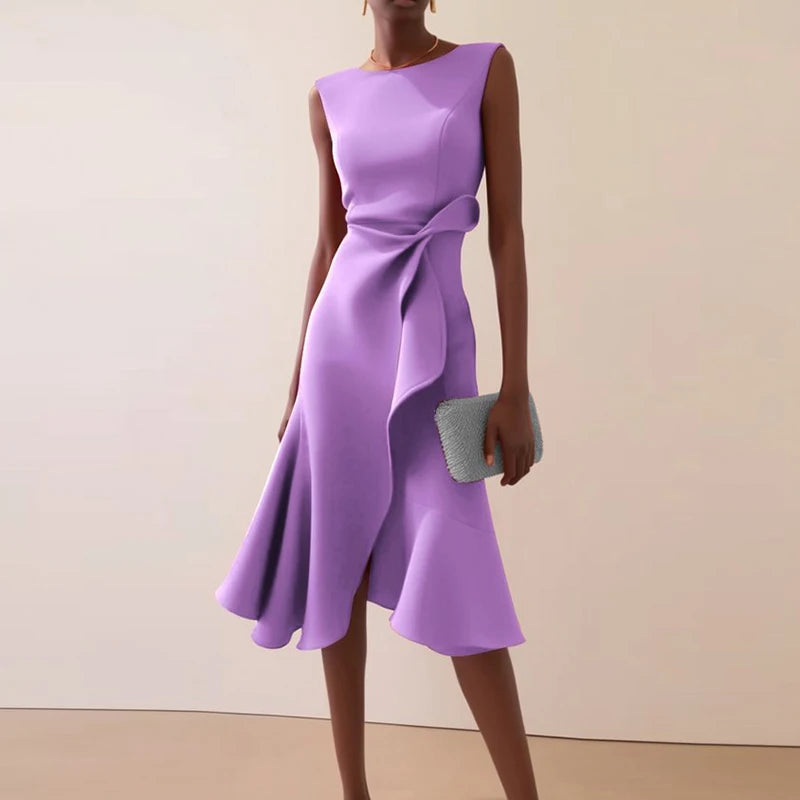 Vestidos Women Elegant O Neck Solid Commute Dress Spring Knot Slim Ruffle Irregular Dress Summer Sleeveless A-Line Party Dresses