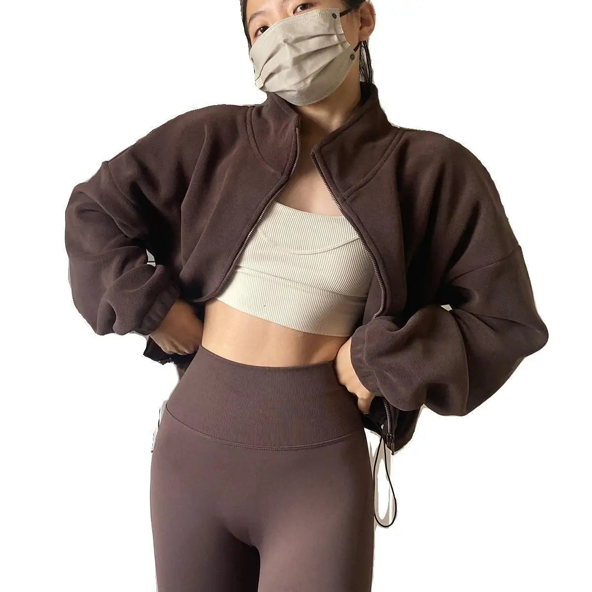New Autumn Winter Clothes Warm High Waist Casual Sports Yoga Coat Fleece Fitness Short Jacket Slim Lady Zip Up Sweatshirt Women