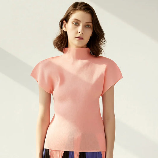 Miyake Summer New Minimalist Semi High Neck Slim Fit T-shirt  Versatile Small Top Women's Vest Clothing Feminist
