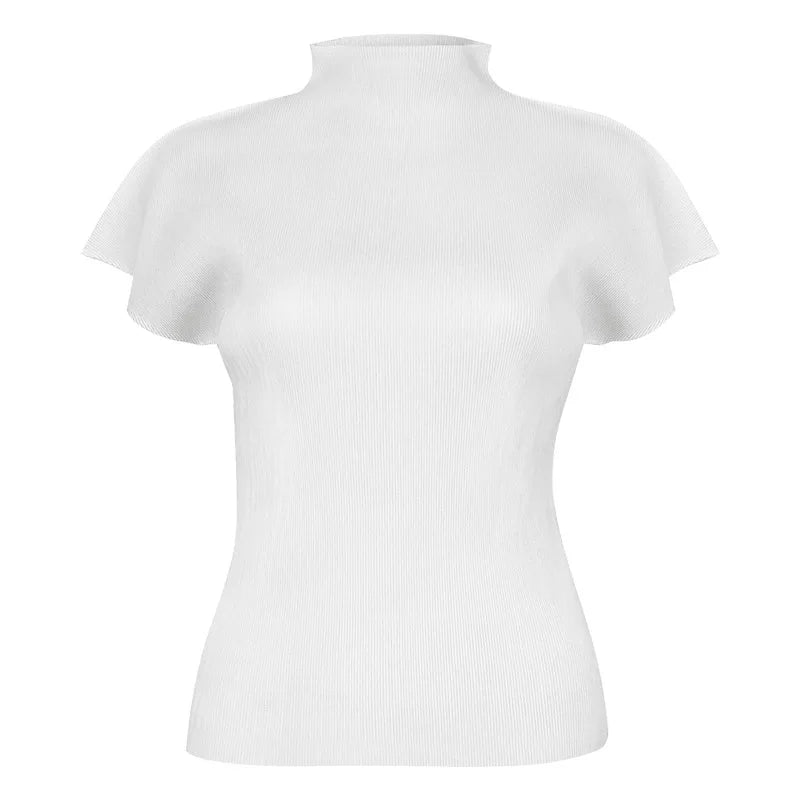 Miyake Summer New Minimalist Semi High Neck Slim Fit T-shirt  Versatile Small Top Women's Vest Clothing Feminist