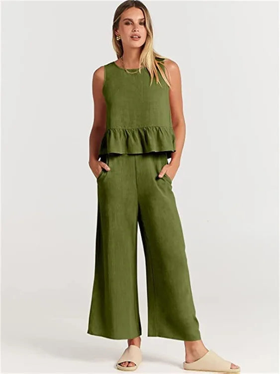Women's New Summer Suit Solid Color Casual Sleeveless Pleated Round Neck Vest Button Wide Leg Nine-point Pants Two-piece Set